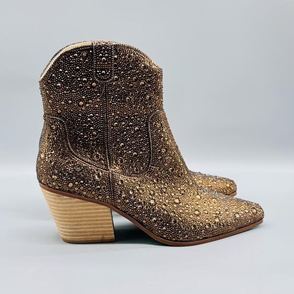 Betsey Johnson Boots Womens 9 Gold Brown Western Ankle Sparkle Rhinestone - Picture 1 of 11